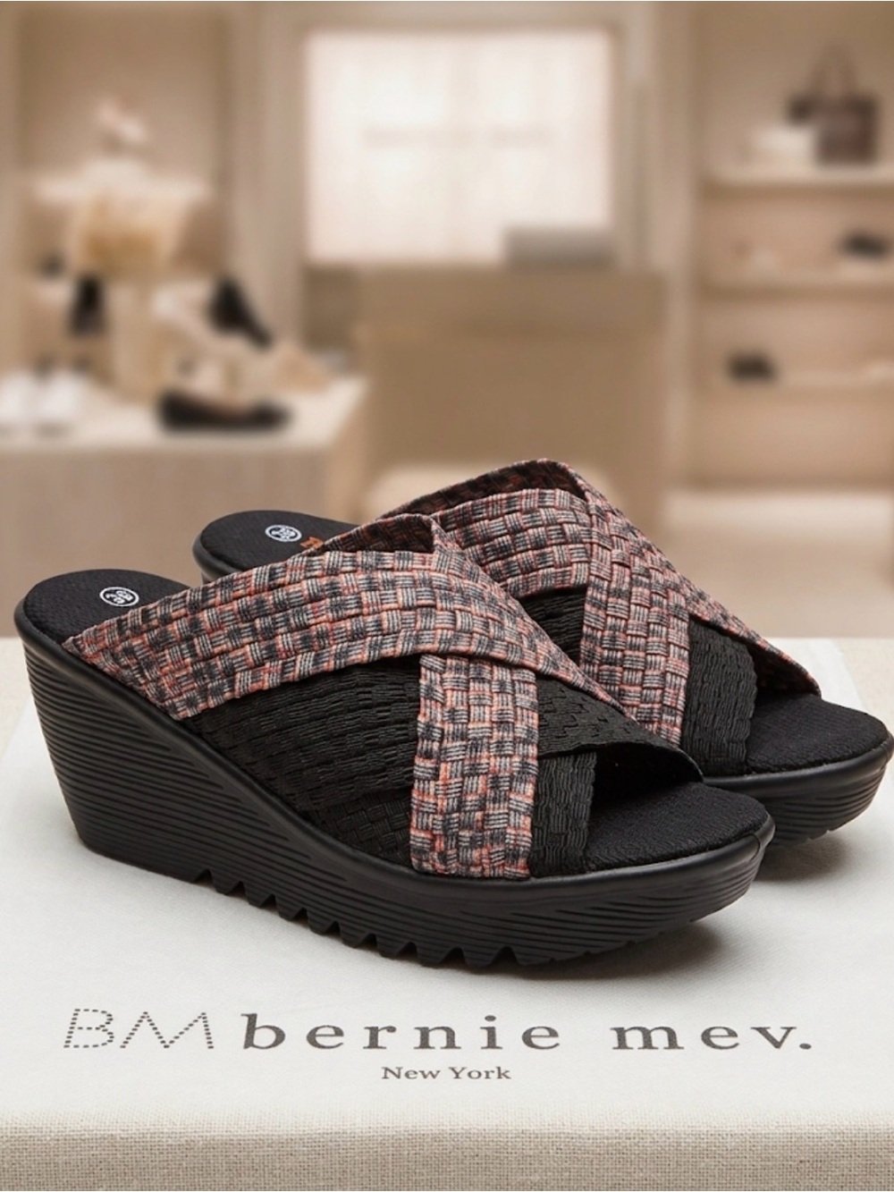 bernie mev. Black Wedges with Pink-Tan Woven Cross Straps